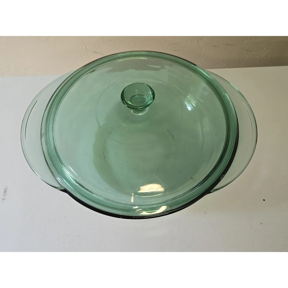 Vintage Anchor Hocking Green Glass 2 Qt Round Casserole Dish 9.5 With Lid